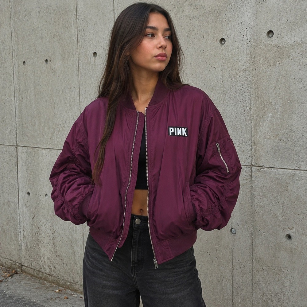 Victoria's Secret PINK Cropped Bomber Jacket L Burgundy Ruched Sleeve MA1